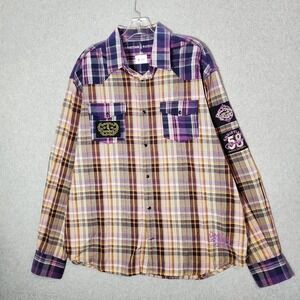 Christian Audigier Men Button Up Shirt XL Plaid Purple Western Pearl Snap Crown